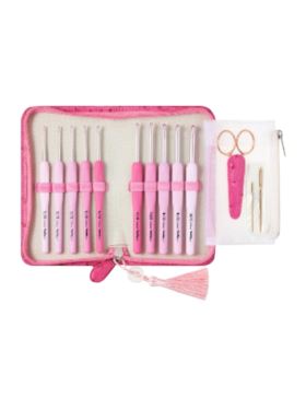 Zestaw szydełek aluminiowych z ergonomiczną rączką z akcesoriami TULIP - Etimo Rose - 2,00-6,00 mm - TER-001E