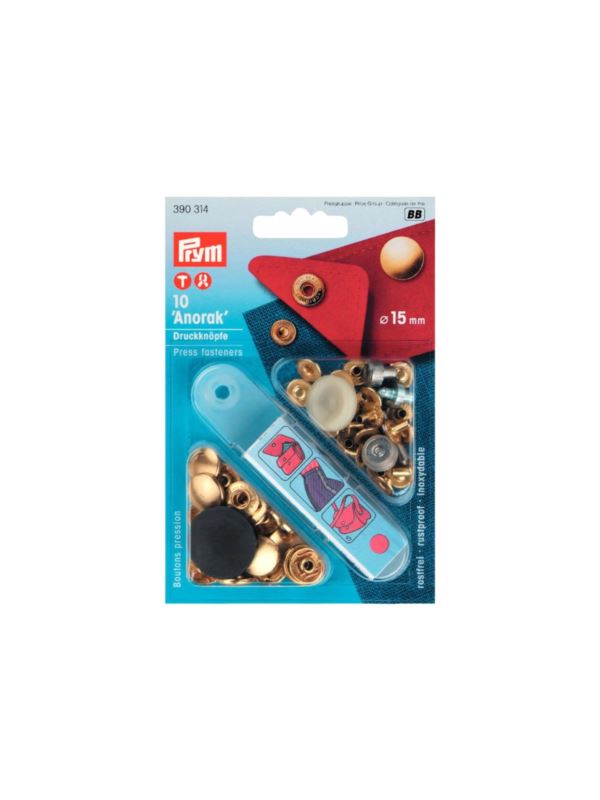 Zestaw zaciskacz + napy metalowe PRYM - Anorak - 15,00 mm - złote - 390314 - 10szt./opak.