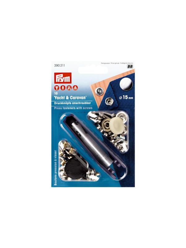 Zestaw zaciskacz + napy metalowe PRYM - Yacht & Caravan - 15,00 mm - niklowane - 390211 - 10szt./opak.