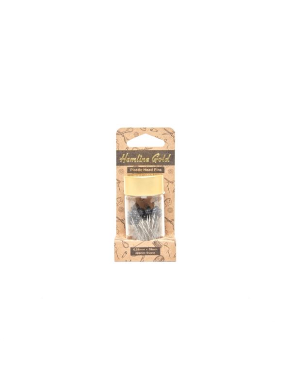 Szpilki z plastikowymi czarnymi główkami - Hemline Gold - 0,58x38 mm - 678.BK.HG - 60szt./opak.