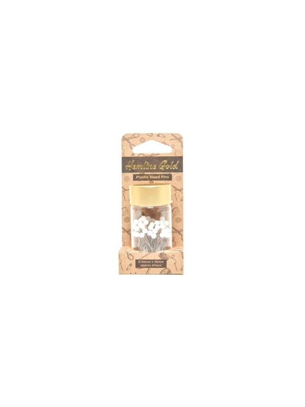 Szpilki z plastikowymi białymi główkami - Hemline Gold - 0,58x38 mm - 678.WH.HG - 60szt./opak.