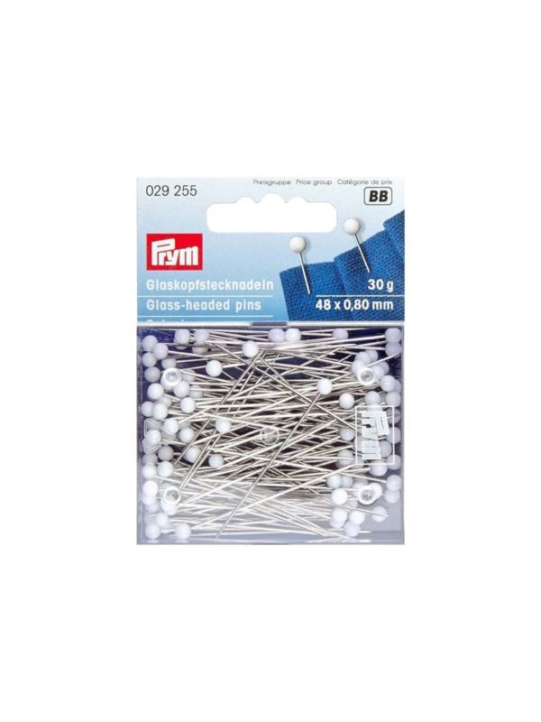Szpilki z szklanymi białymi główkami PRYM - 0,80x48 mm - 029255 - 30g/opak.