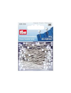 Szpilki z szklanymi białymi główkami PRYM - 0,80x48 mm - 029255 - 30g/opak.