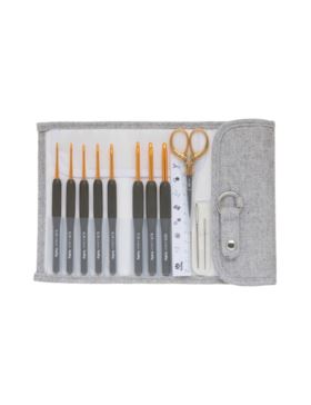 Zestaw szydełek aluminiowych z ergonomiczną rączką z akcesoriami TULIP - Etimo - 2,00-6,00 mm - TEG-002 GOLD